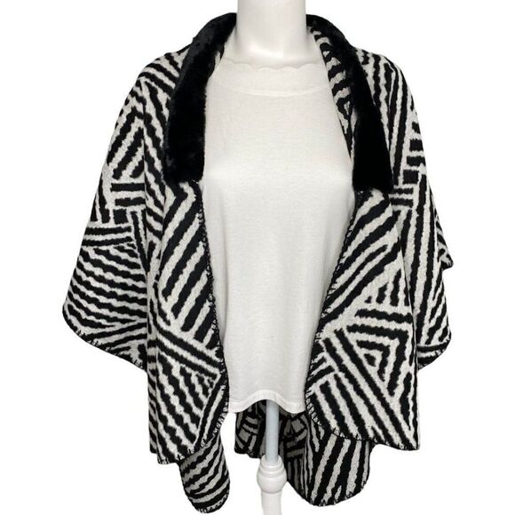 LOFT Cardigan Wrap Women's MEDIUM Black White Zebra Faux-Fur Collar Draped NWOT - Picture 2 of 5